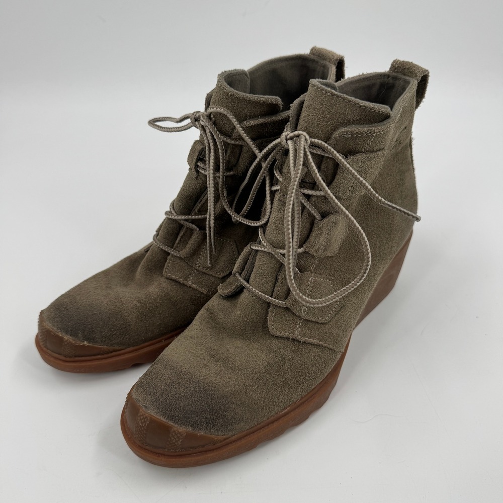 Sorel Lea Wedge Booties Womens 9 Olive Brown Suede Waterproof Lace Up NL2115-245